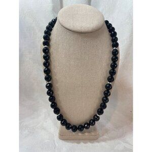 Vintage Black Faceted Bead Necklace With Silver Tone Accents